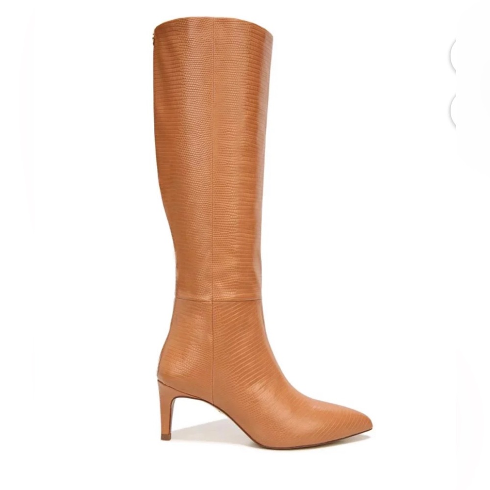Sam Edelman Tall Pointed-Toe Lizard-Embossed Leather Boots in Cognac